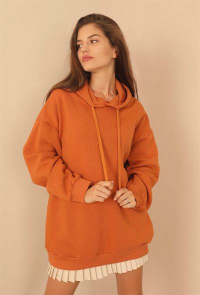 Şardonlu 3 İplik Basen Boy Kadın Kapüşonlu Sweatshirt Tarçın