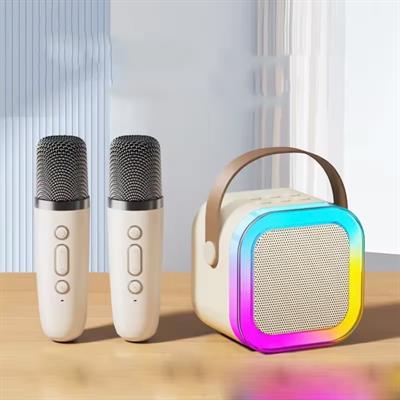 Taşınabilir Çift Karaoke Mikrofonlu Hoparlör Kablosuz Bluetooth 5 Ses Efektli Bej Rengi  