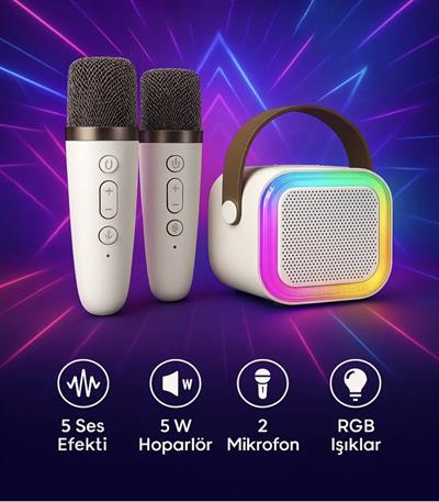 Taşınabilir Çift Karaoke Mikrofonlu Hoparlör Kablosuz Bluetooth 5 Ses Efektli Bej Rengi  