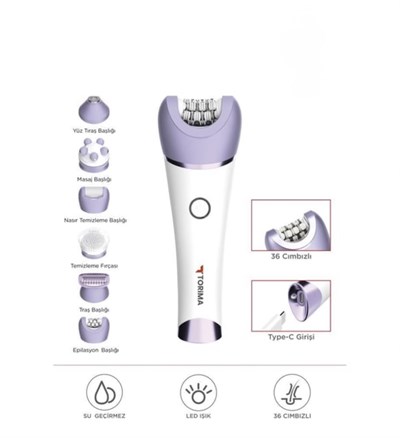 Torima TEP-02 Beyaz 6 Başlıklı Yüz+Koltuk Altı+Bikini Bölgesi+Bacak Islak Ve Kuru Kablosuz Epilatör
