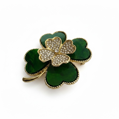 Yeşil Yonca Broş Zirkon Taşlı Altın Renk 