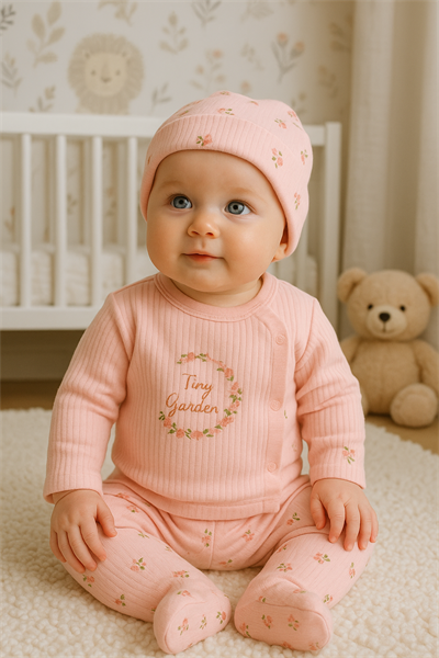 Çiçek Nakışlı Kız Bebek 3'Lü Zıbın Takımı %100 Pamuk