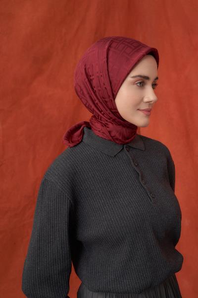 İtalyan Jakar Geometrik Desen Eşarp - Bordo