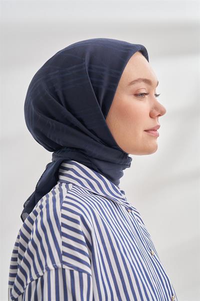 İtalyan Jakar Şerit Desen Eşarp - Lacivert