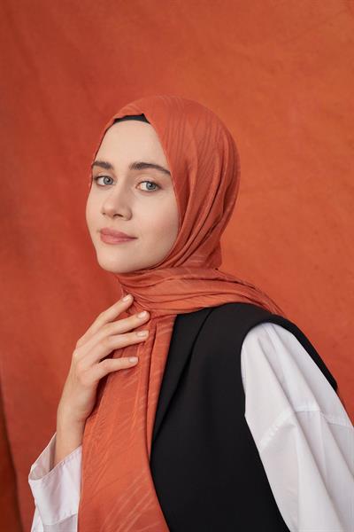İtalyan Jakar Şerit Desen Şal - Kiremit