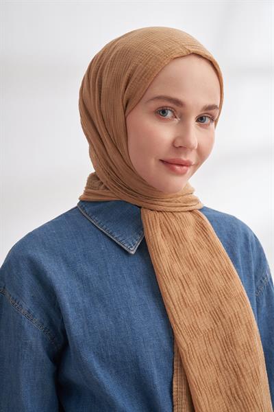 Müslin Dama Desen Şal - Koyu Bej