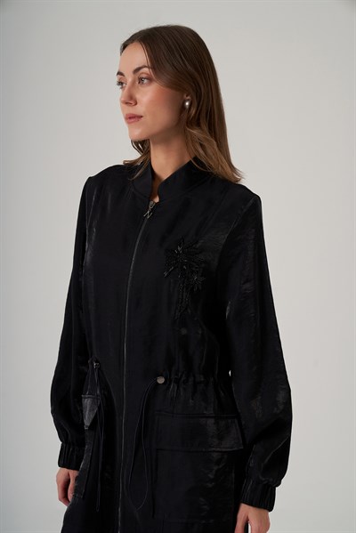 Nuss 1032 Bel Büzgülü Fermuarlı Pantolonlu Takım - Siyah
