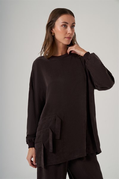 Nuss 1039 Katman Detaylı Tunik Takım - Kahve