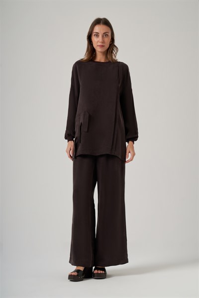 Nuss 1039 Katman Detaylı Tunik Takım - Kahve
