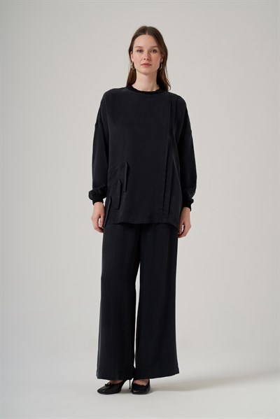 Nuss 1039 Katman Detaylı Tunik Takım - Siyah