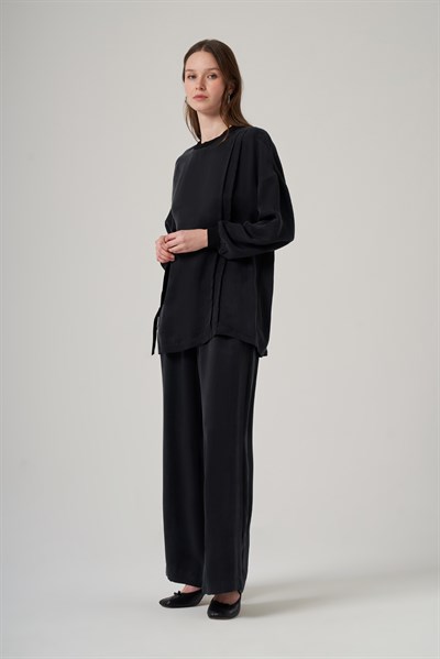 Nuss 1039 Katman Detaylı Tunik Takım - Siyah