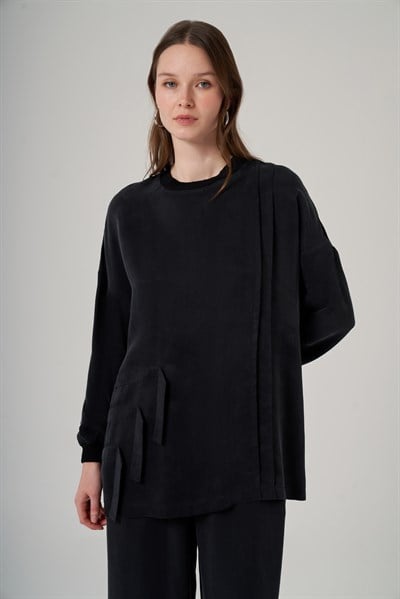 Nuss 1039 Katman Detaylı Tunik Takım - Siyah