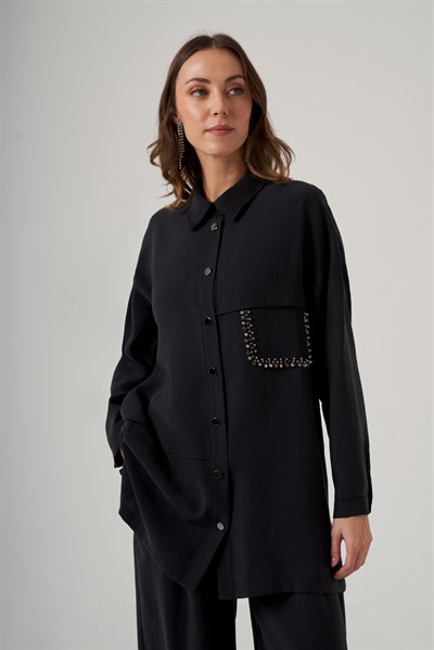 Nuss 1052 Taş İşlemeli İpeksi Dokulu Takım - Siyah