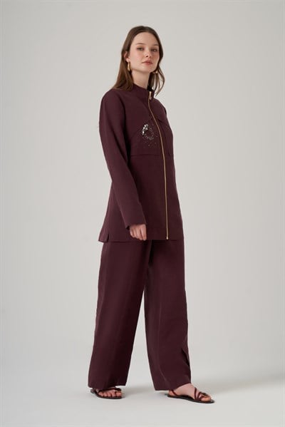 Nuss 1054 Taş Detay Fermuarlı Pantolonlu Takım - Mürdüm