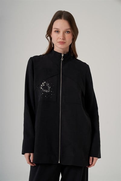 Nuss 1054 Taş Detay Fermuarlı Pantolonlu Takım - Siyah