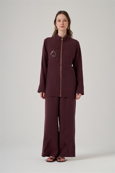 Nuss 1054 Taş Detay Fermuarlı Pantolonlu Takım - Mürdüm