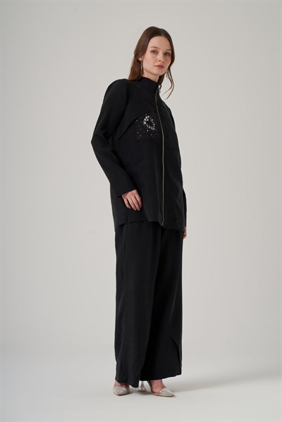 Nuss 1054 Taş Detay Fermuarlı Pantolonlu Takım - Siyah