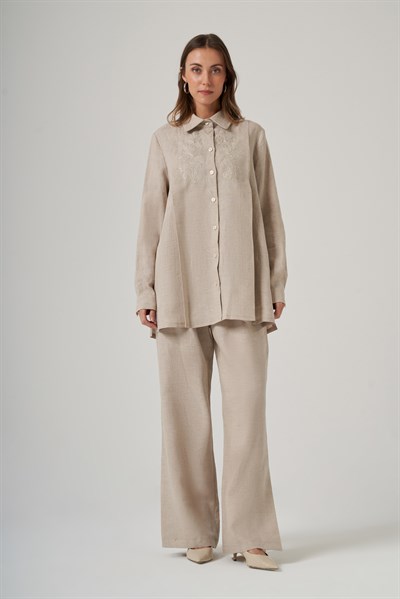 Nuss 1073 Nakış Detaylı Keten Takım - Naturel
