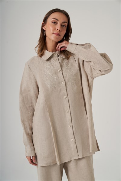 Nuss 1073 Nakış Detaylı Keten Takım - Naturel