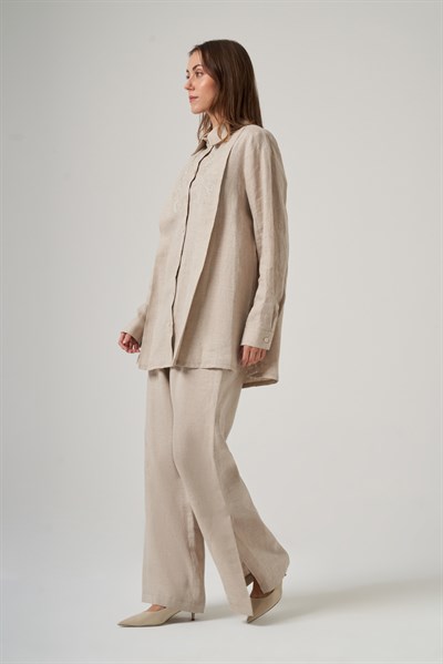 Nuss 1073 Nakış Detaylı Keten Takım - Naturel