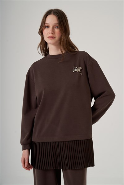 Nuss 1079 Piliseli Tunik Pantolonlu Takım - Kahve