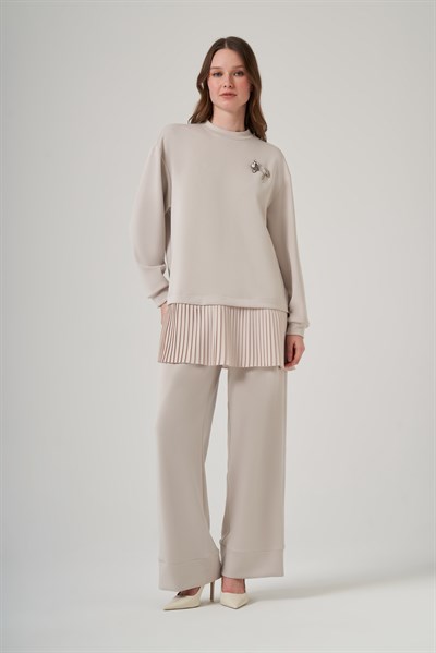 Nuss 1079 Piliseli Tunik Pantolonlu Takım - Taş