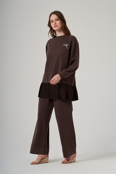 Nuss 1079 Piliseli Tunik Pantolonlu Takım - Kahve