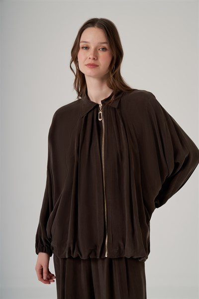 Nuss 1082 Dökümlü Fermuarlı Tunik Takım - Kahve