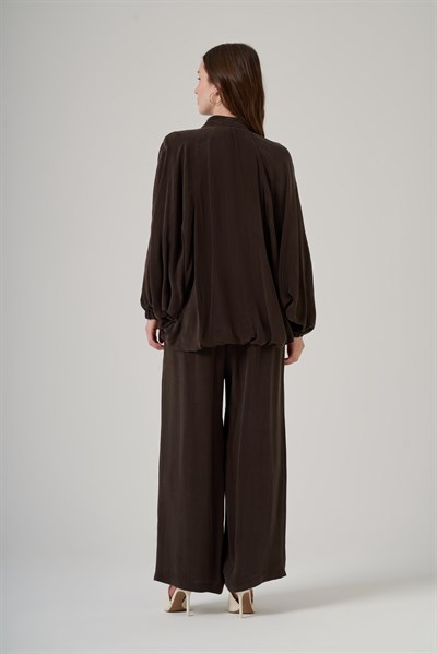 Nuss 1082 Dökümlü Fermuarlı Tunik Takım - Kahve