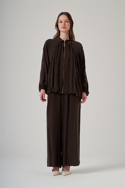 Nuss 1082 Dökümlü Fermuarlı Tunik Takım - Kahve