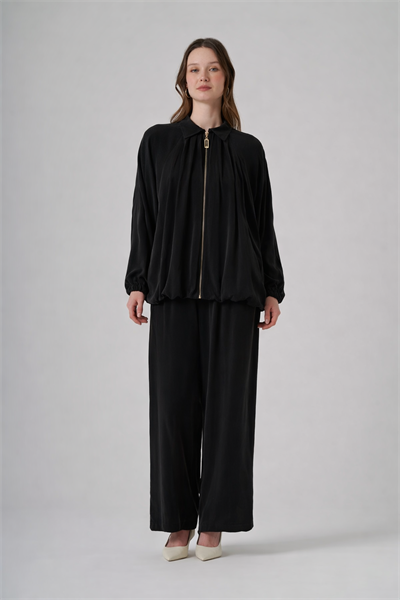 Nuss 1082 Dökümlü Fermuarlı Tunik Takım - Siyah