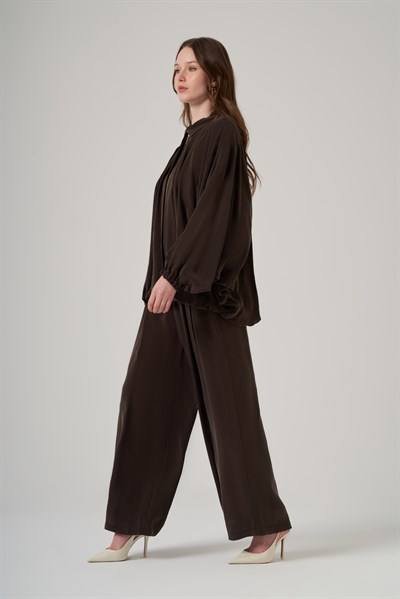 Nuss 1082 Dökümlü Fermuarlı Tunik Takım - Kahve
