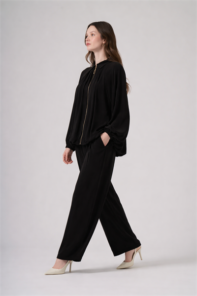 Nuss 1082 Dökümlü Fermuarlı Tunik Takım - Siyah