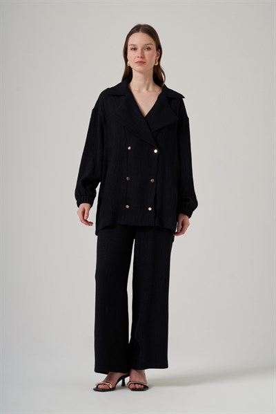 Nuss 1091 Oversize Kruvaze Yaka Takım-Siyah