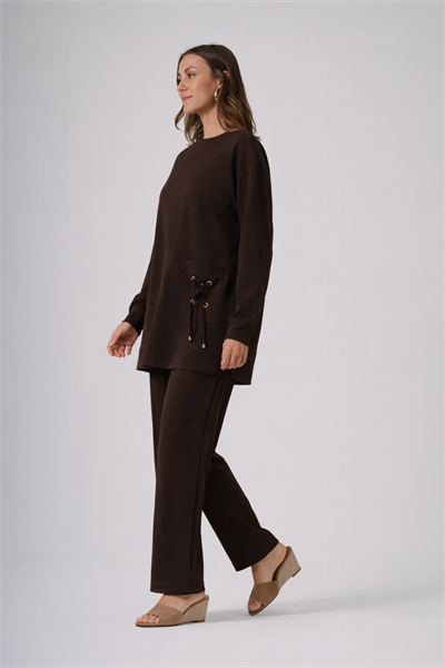 Nuss 1094 Bağcık Detaylı Tunik Takım - Kahve