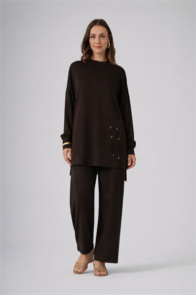 Nuss 1094 Bağcık Detaylı Tunik Takım - Kahve