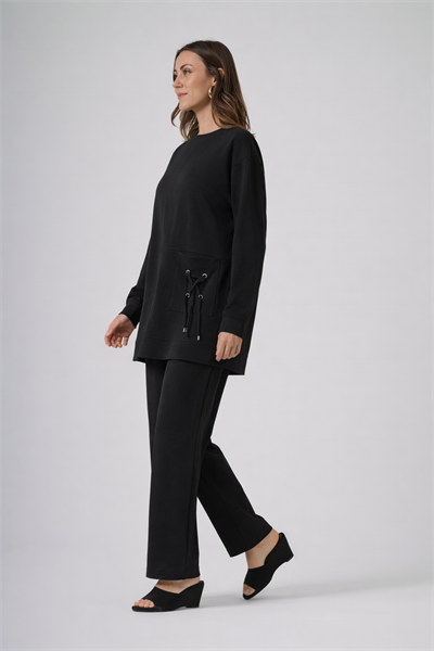 Nuss 1094 Bağcık Detaylı Tunik Takım - Siyah