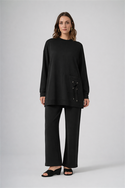 Nuss 1094 Bağcık Detaylı Tunik Takım - Siyah