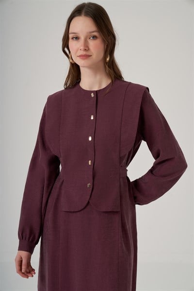 Nuss 2036 Yelek Formlu Gold Düğme Detaylı Tencel Elbise – Mürdüm