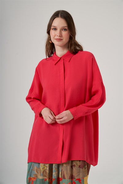 Nuss 3001 Asimetrik Kesim Gizli Patlı Gömlek - Red Plum