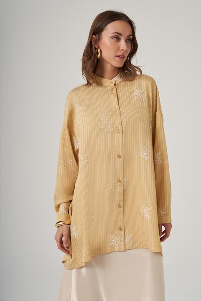 Nuss 3015 Çizgili Çiçek Desenli Salaş Tunik - Vanilya