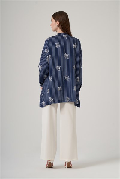 Nuss 3015 Çizgili Çiçek Desenli Salaş Tunik - Lacivert