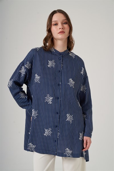 Nuss 3015 Çizgili Çiçek Desenli Salaş Tunik - Lacivert