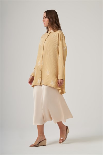 Nuss 3015 Çizgili Çiçek Desenli Salaş Tunik - Vanilya