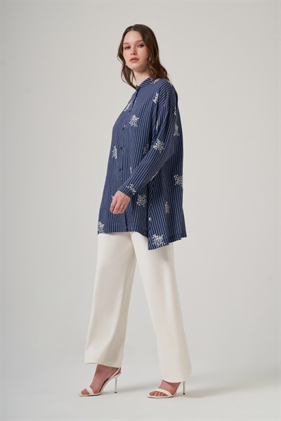 Nuss 3015 Çizgili Çiçek Desenli Salaş Tunik - Lacivert