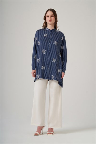 Nuss 3015 Çizgili Çiçek Desenli Salaş Tunik - Lacivert