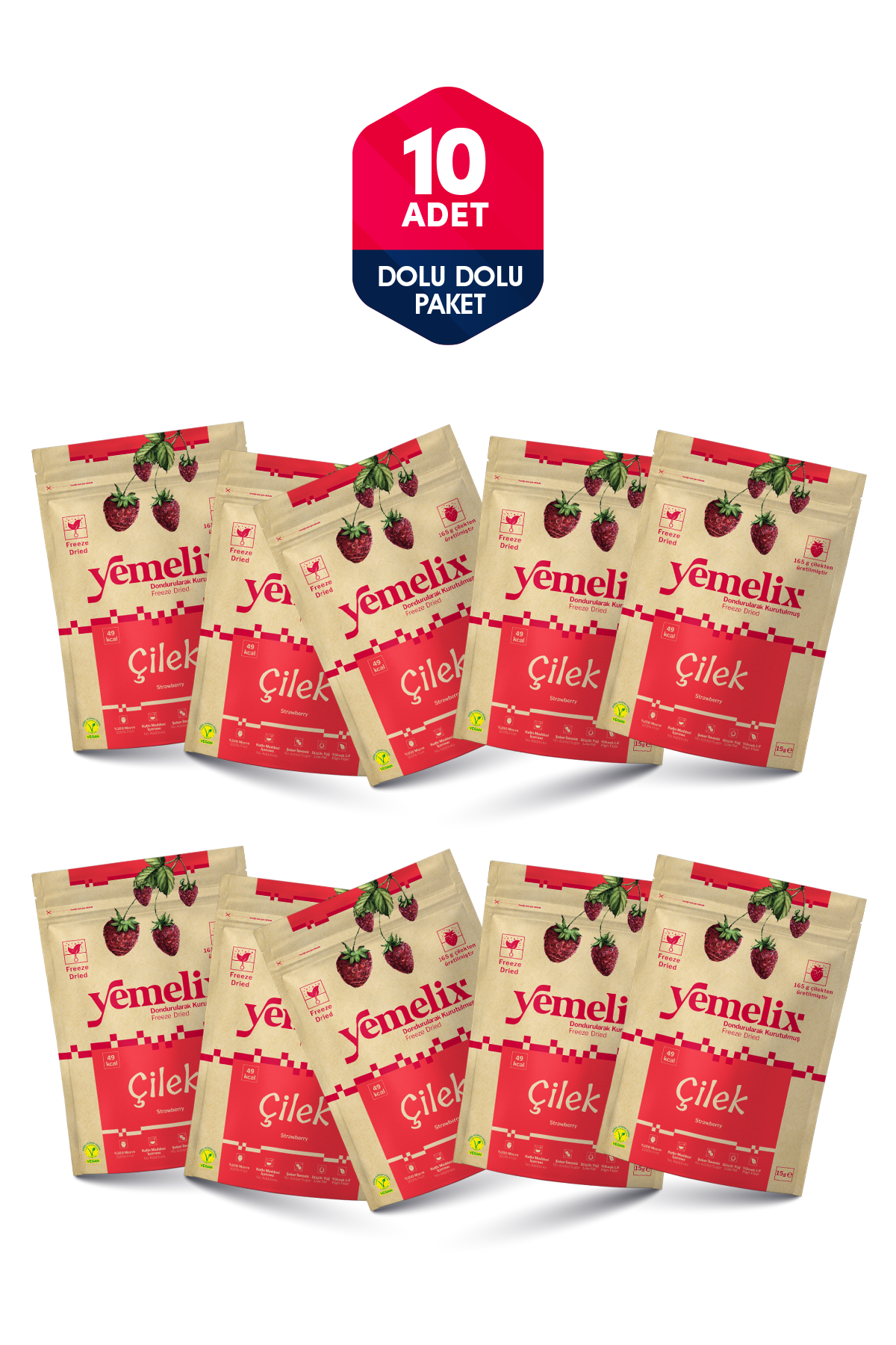 Freeze Dried 10'lu Dolu Dolu Paket Çilek Kuru Meyve Cipsi