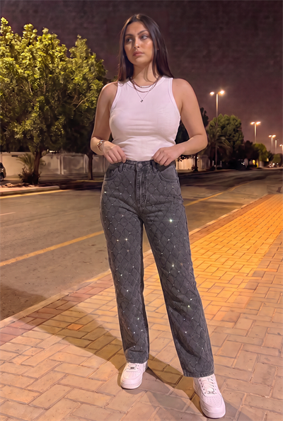 Kadın ,Antrasit,  Baklava desenli ,taşlı kot pantolon jean ,Gniş paça, Wideleg