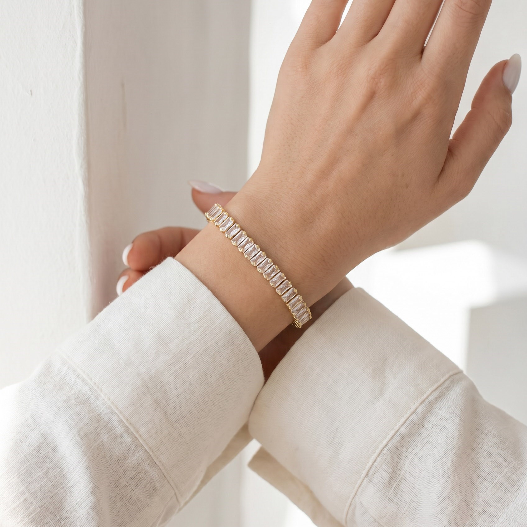 14K Vergoldete Tenis Armkette mit Baguette Steinen MS-1855