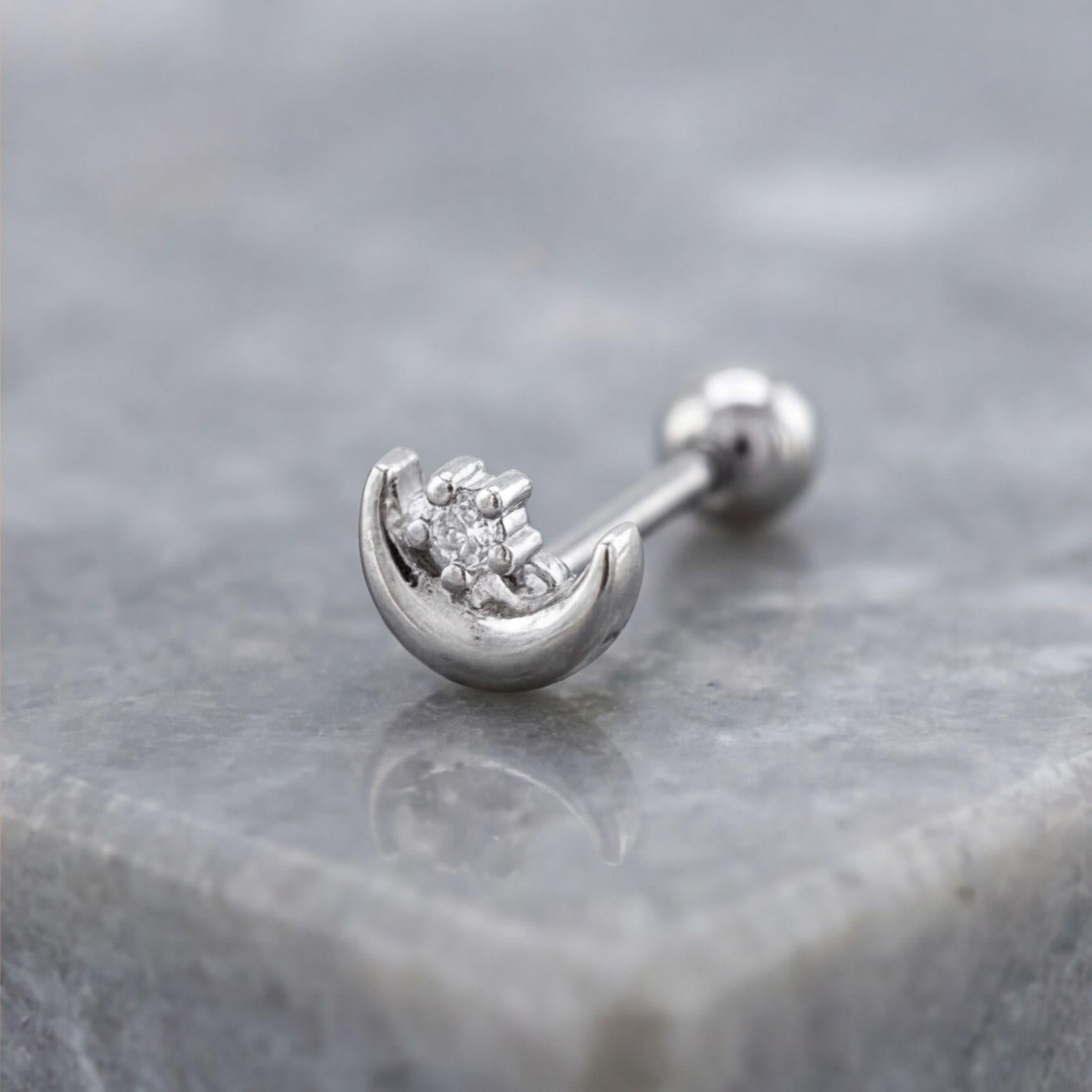 316L Çelik Zirkon Taşlı Ay Yıldız Şekilli Piercing PRC-179